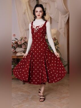 LaceMade "Cherry Blossom" vintage bow dress features a white lace collar size XS